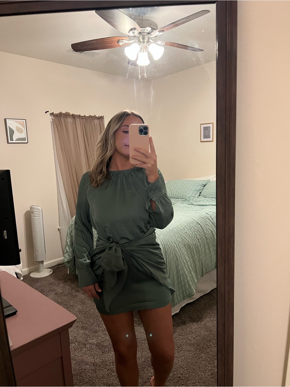 Amazon Sage Green Long Sleeve Tie-Front Dress